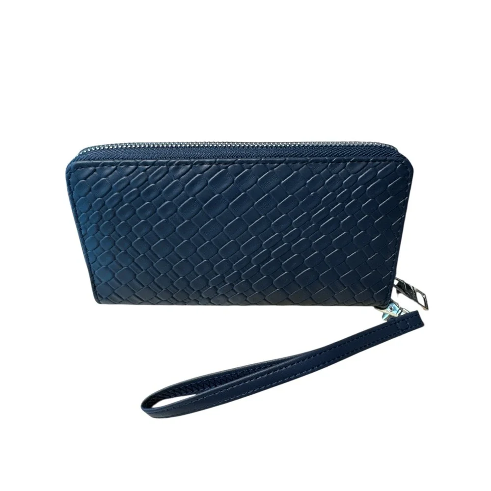 London Fog Easton Navy Blue Single Full Zip Wallet Textured‎ Finish Compact NWT